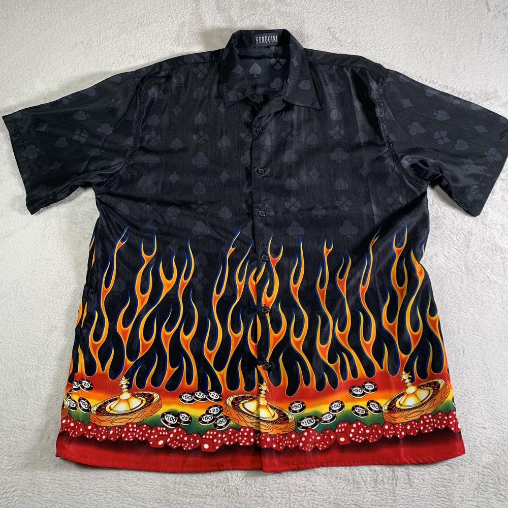 Ferugini‎ Shirt Mens XL Black Flames Casino Roulette Dice Poker Chips Button Up
